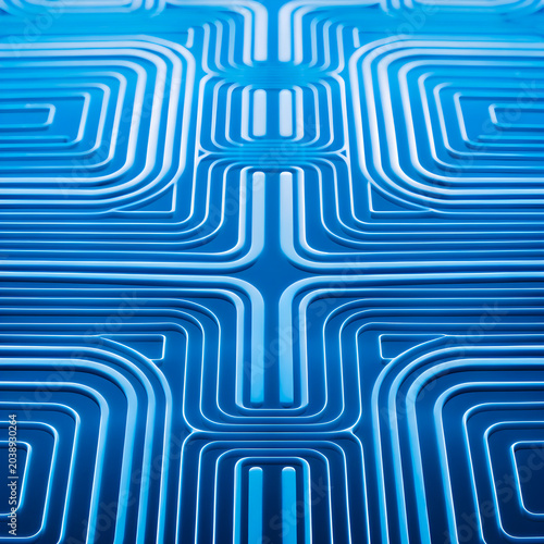 Abstract blue technological background with geometric symmetrical circuit lines