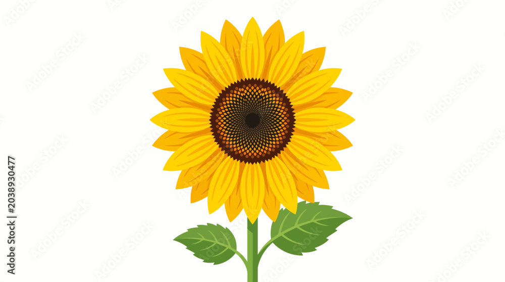 Obraz premium A vibrant, detailed illustration of a single, tall sunflower with bright yellow petals and a dark brown center, set against a clean white background.