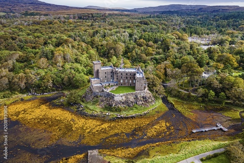 Aerial of Dunvegan castle, Isle of Skye, Scotland, UK