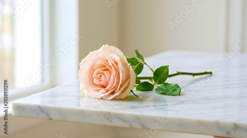 Elegant pale peach rose lying on white marble surface near window light