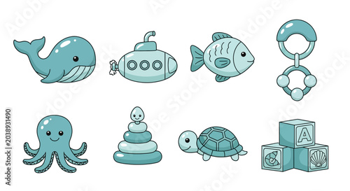 Cute Ocean Baby Toys Collection: Whale, Submarine, Fish, Octopus, Turtle, Blocks