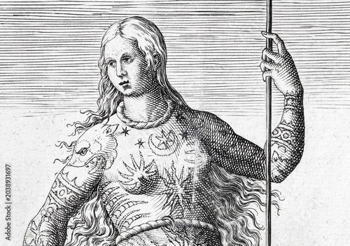 Portrait of a tattooed Pictish woman, copperplate engraving by Theodor de Bry, 1590, Frankfurt, Germany