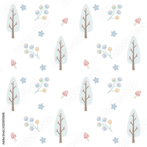 Cute Woodland Seamless Pattern on White Background