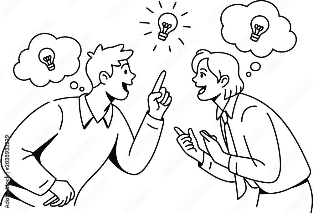 Fototapeta premium Two people discussing ideas with lightbulbs appearing above their heads discussion brainstorming collaboration communication strategy. Vector illustration