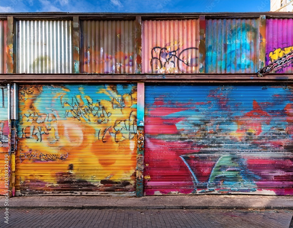 Fototapeta premium abandoned shop facade adorned with vibrant street art and metallic shutters