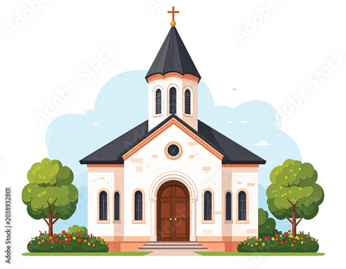 Small white church with steeple tower.