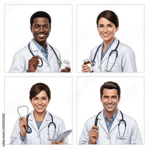 Professional Doctors and Medical Staff Portraits Collection Featuring Diverse Healthcare Practitioners with Stethoscopes and Medication
