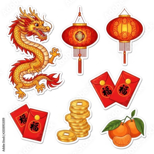 Sticker sheet showcasing cultural heritage, traditional lifestyle, and festive atmosphere for Lunar New Year celebration with rich color harmony