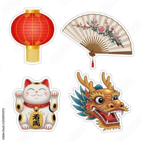 Traditional Chinese Cultural Symbols Set Featuring Red Lantern, Folding Fan, Maneki-Neko Lucky Cat and Golden Dragon Cartoon Illustration