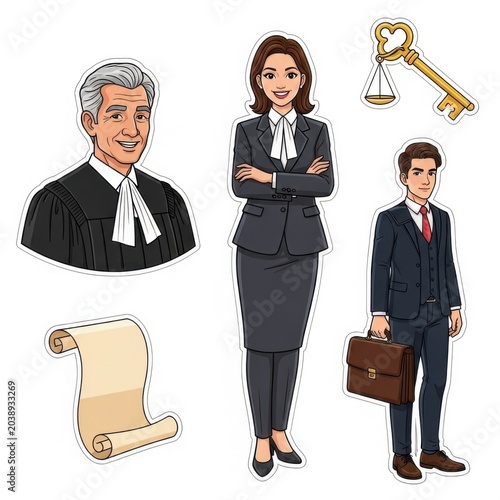 Legal Professional Sticker Set featuring Judge and Lawyer Cute Cupid Angel Flying with Bow and Arrow Valentine's Day Cartoon Illustration