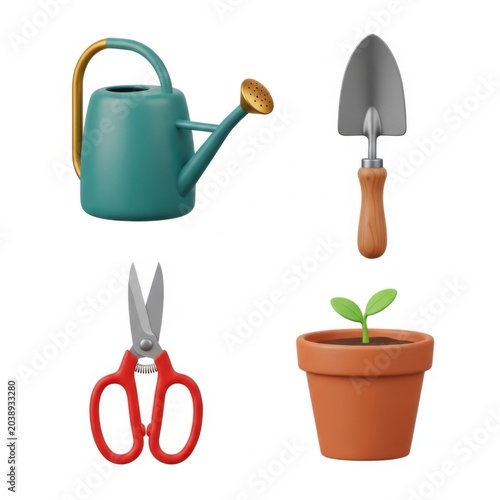 Cute Gardening Tools Set Including Watering Can Trowel Pruning Shears and Potted Plant Seedling 3D Illustration for Spring Horticulture