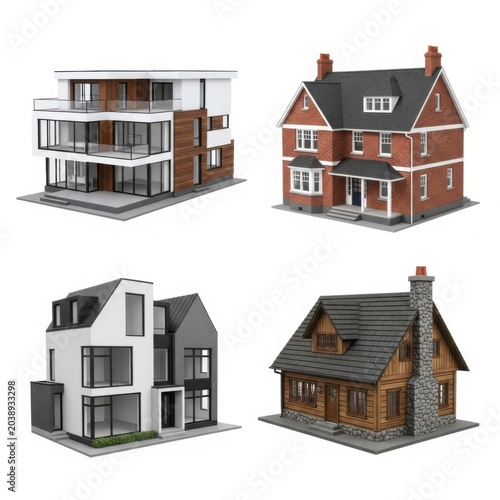 Set of four different 3D house models including modern villa, brick house, contemporary home, and rustic log cabin on white background