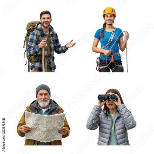 Sticker collage of diverse people enjoying an authentic lifestyle with hiking, climbing, and outdoor adventures on white background