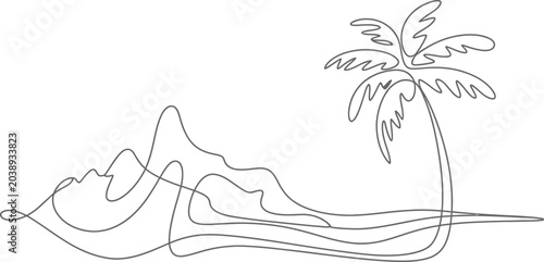 фотографія Minimalist continuous line art of a tropical palm tree on a sandy beach island with tropical landscape minimalist continuous vacation