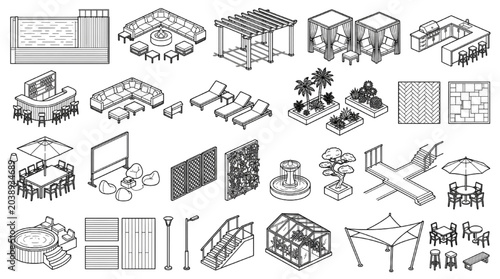 Isometric Outdoor Living & Landscape Furniture CAD Block Collection — Residential Terrace and Garden Design Elements

