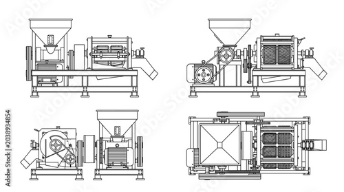 Rice mill processing machine technical drawing blueprint with front side back and top views CAD line art vector illustration