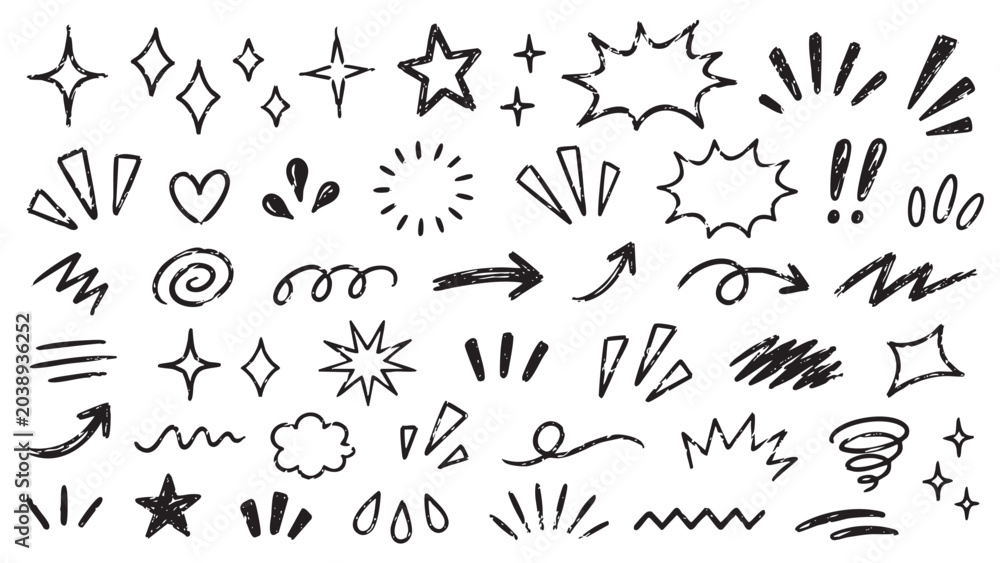 Fototapeta premium Crayon drawn attention symbols and doodle emphasis marks collection. Hand drawn sparkle bursts, comic rays, sketch highlight signs, manga starburst shapes and vector illustration