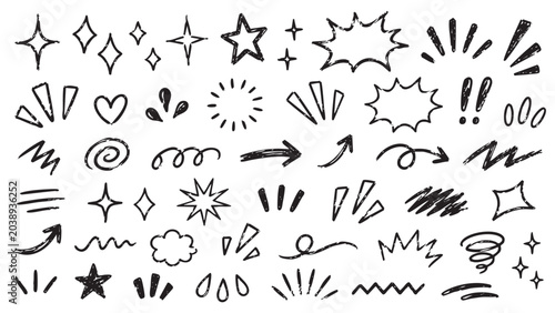 Obraz na płótnie Crayon drawn attention symbols and doodle emphasis marks collection