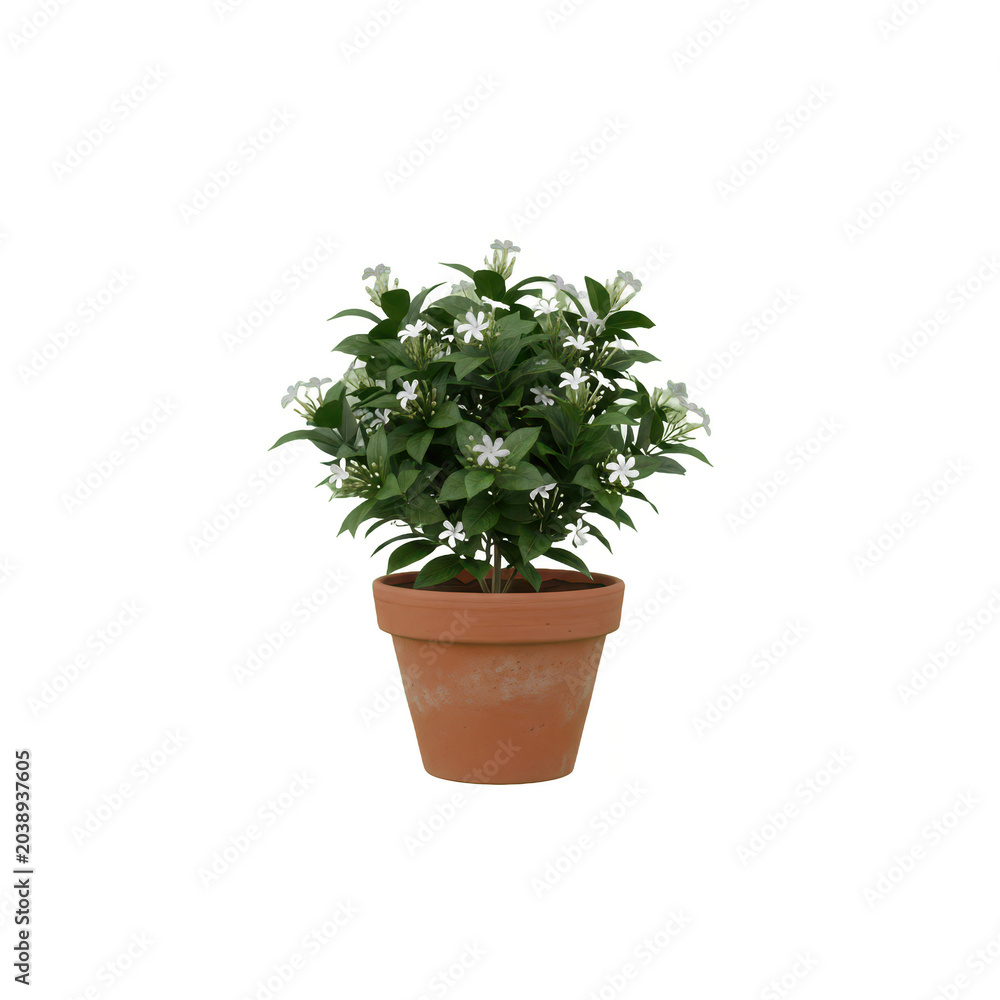 Fototapeta premium Small Flowering Jasmine Plant in Terracotta Pot