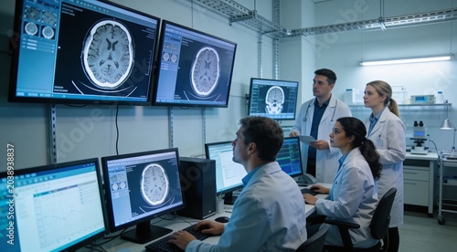 Medical scientists discussing brain scans in advanced neuroscience laboratory
