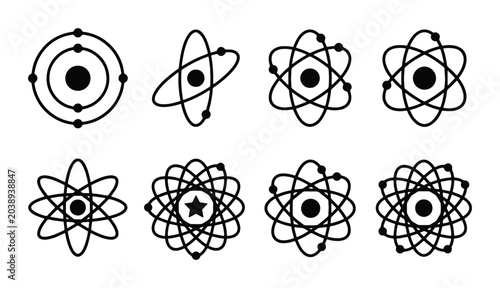 Foto Set of 8 atomic structure icons vector, science and technology symbols, nucleus