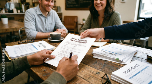 Close Up Hands Signing Small Business Loan Agreement Document with Entrepreneurs During Meeting in Cafe