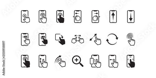 Tableau sur toile touch gesture icons flat black on white background click swipe pinch zoom rotate