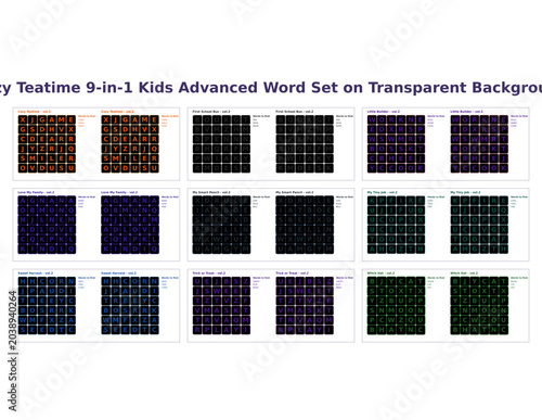 Colorful Advanced Word Set for Kids on Transparent Background  