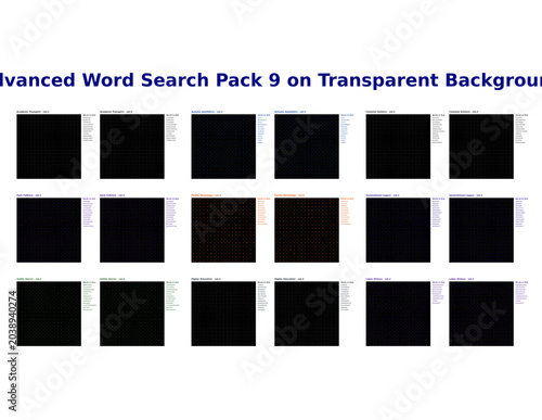 Advanced Word Search Puzzle Pack on Transparent Background  