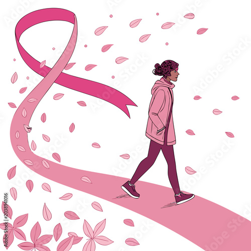 Woman walking on pink path with breast cancer awareness ribbon and falling