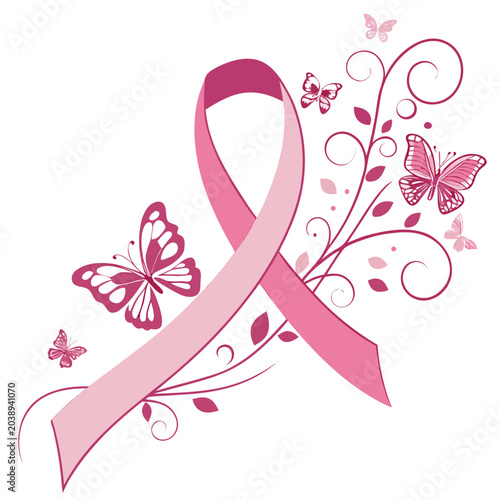 Pink breast cancer awareness ribbon with decorative butterflies and flourishes