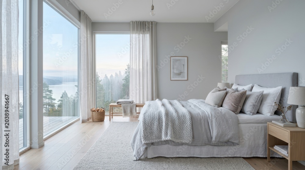 Fototapeta premium Serene bedroom with panoramic lake and forest views from floor-to-ceiling windows