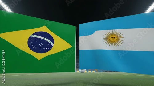 Brazil vs Argentina football match background, national flags of Brazil and Argentina in a stadium, soccer competition and international rivalry concept