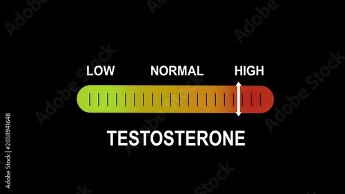 Dynamic testosterone level indicator gauge animation showing fluctuating hormone levels from low to normal and ranges for medical health research and biological performance