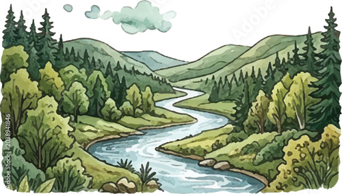 Watercolor Winding River Landscape in Green Valley with Trees