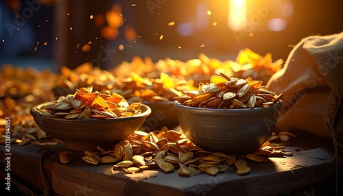 Golden seeds in bowls
