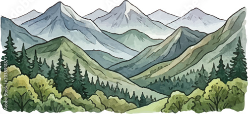 Watercolor Mountain Range Landscape with Pine Forest Base
