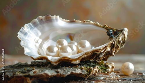 Lustrous pearls nestled within a pearlescent oyster shell, resting on a rugged, textured surface, with soft, diffused light