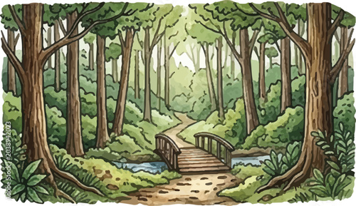 Watercolor Forest Path with Wooden Bridge Over Stream