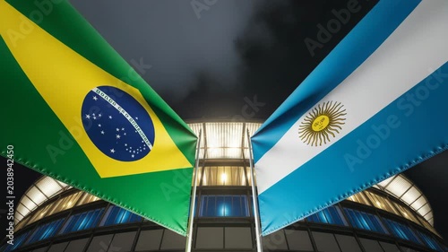 Brazil and Argentina national flags waving at night stadium, South American football rivalry, international match at illuminated sports arena