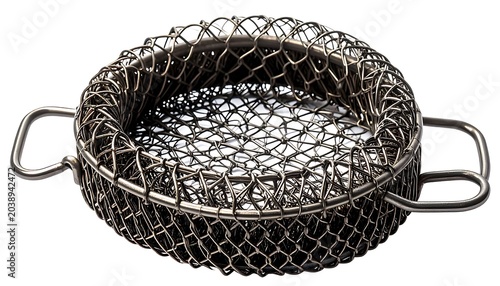 Metal mesh basket with two handles. Oval shape, tightly woven, sitting on a white surface, casting a slight shadow