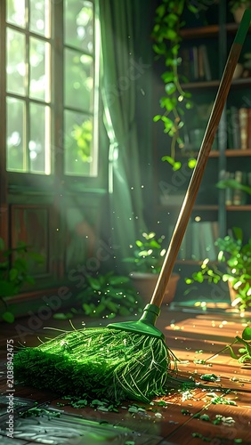 Green broom sweeps room
