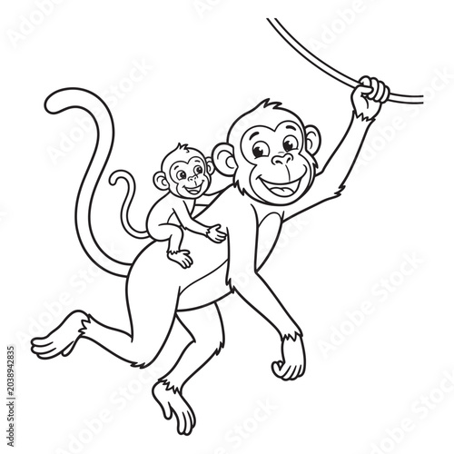 Photography Cute cartoon monkey hanging on a branch with baby monkey for coloring page