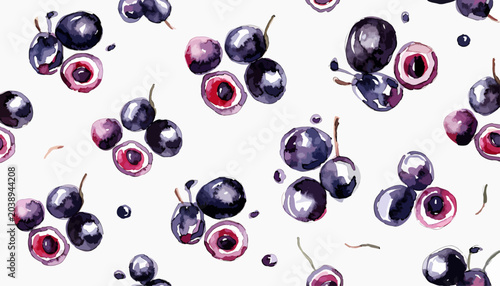 Fotografie Bright watercolor acai berry bunch with realistic juicy fruit compositions natur
