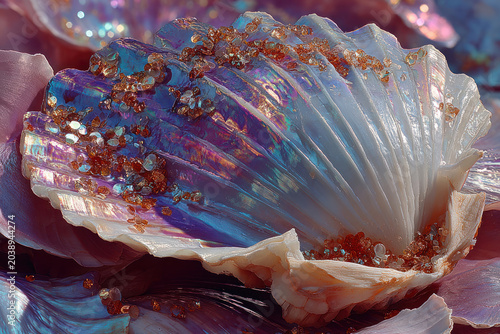 Iridescent Seashell with Crystal Gemstones and Pearlescent Fantasy Aesthetic Background