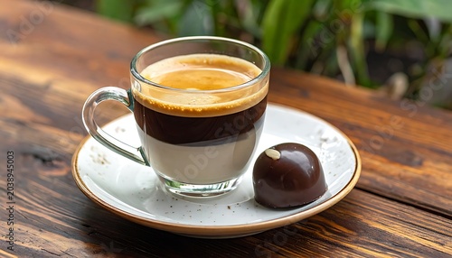 Layered coffee drink on plate with dark chocolate truffle, outdoor setting, wooden table, bright, natural lighting