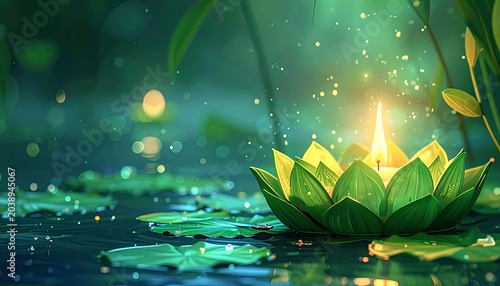 Lit candle set in a green lotus flower adrift on a still, shimmering pond