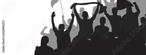 Valokuva Group of football fans cheering and holding scarves aloft during sport match isolated on transparent background illustrating stadium crowd excitement and vibrant team spirit support