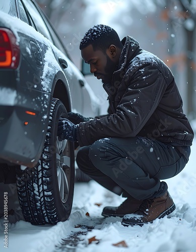 Man changes tire in snow