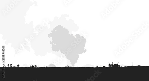 Photos Silhouetted soldiers in desolate landscape with smoke plumes and debris